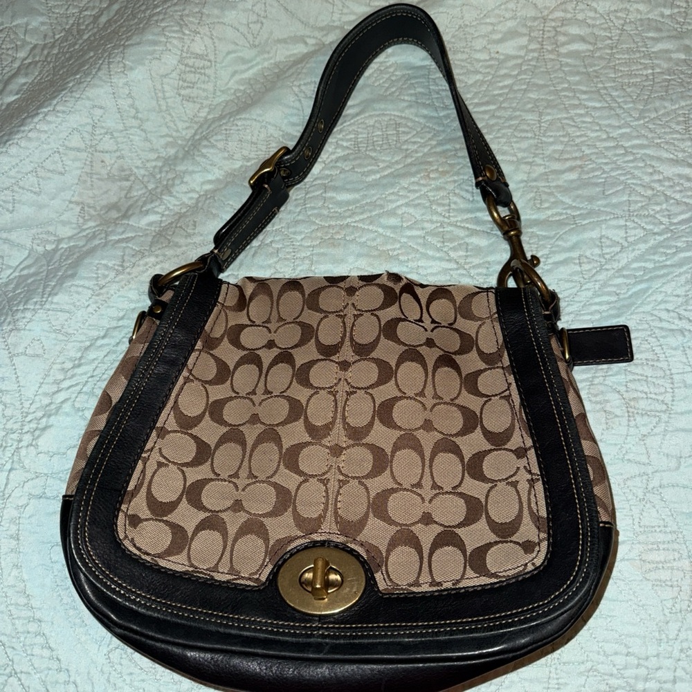 Coach Tan and Black Signature Shoulder Bag